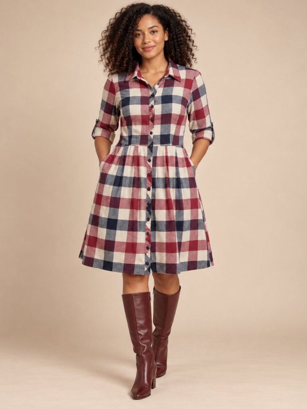 ModCloth Red Navy Cream Buffalo Plaid Flannel Shirt Dress Small